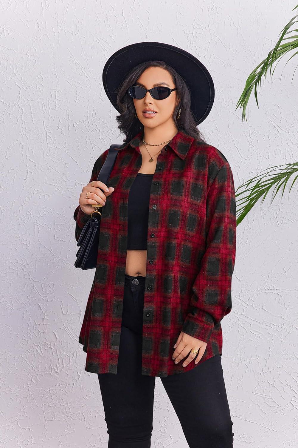 imageZeagoo Womens Plus Size Flannel Shirts Plaid Shirts Long Sleeves Casual Button Down Collared Shacket TopsBred