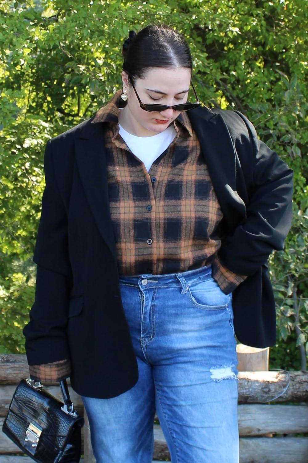imageZeagoo Womens Plus Size Flannel Shirts Plaid Shirts Long Sleeves Casual Button Down Collared Shacket TopsByellow