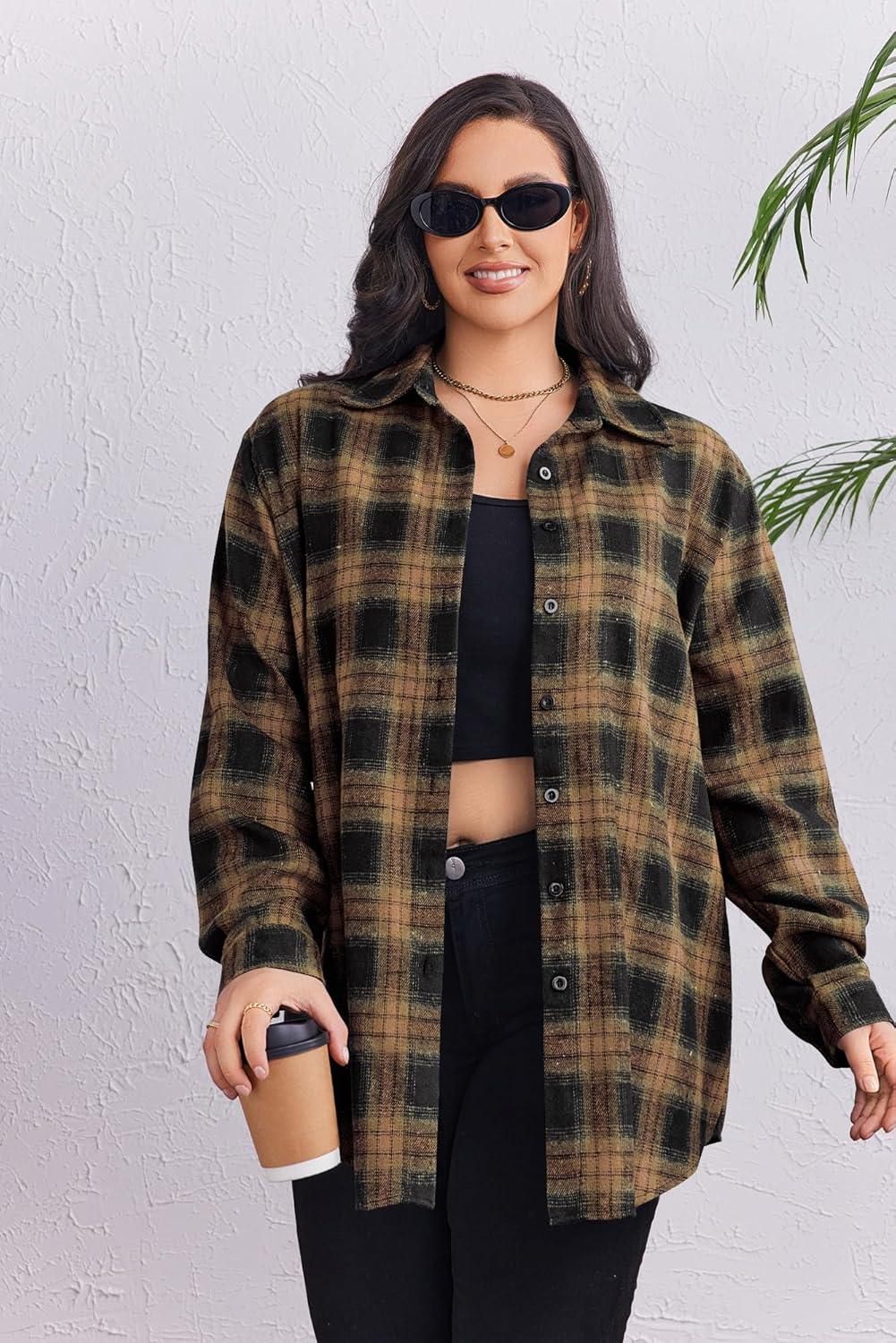 imageZeagoo Womens Plus Size Flannel Shirts Plaid Shirts Long Sleeves Casual Button Down Collared Shacket TopsByellow