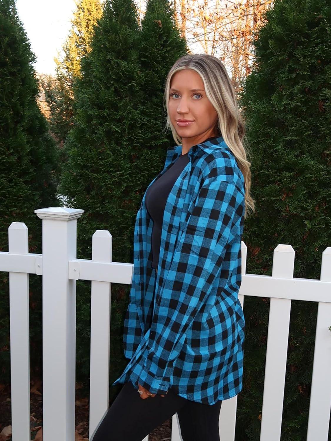 imageZeagoo Womens Plus Size Flannel Shirts Plaid Shirts Long Sleeves Casual Button Down Collared Shacket TopsCblue