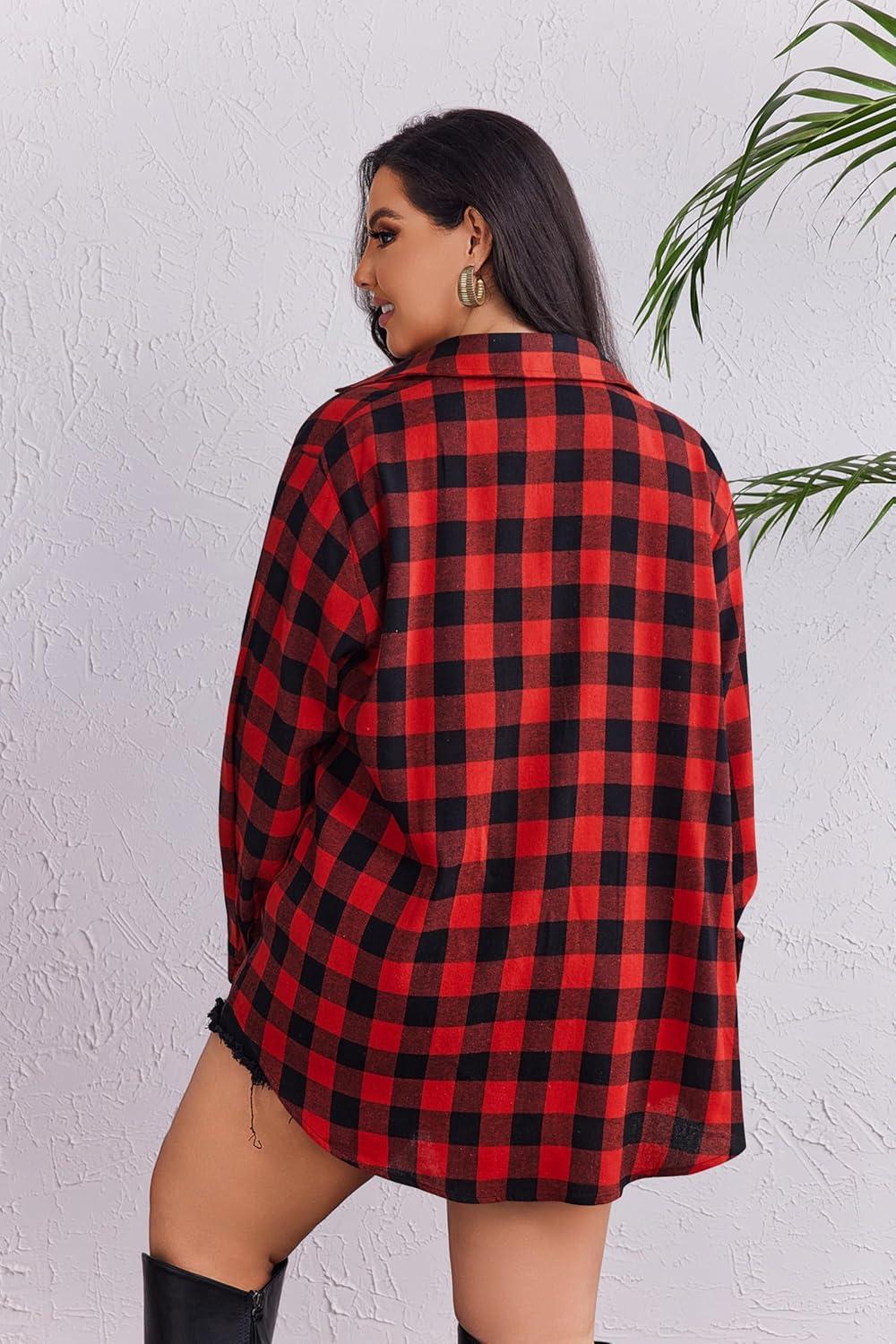imageZeagoo Womens Plus Size Flannel Shirts Plaid Shirts Long Sleeves Casual Button Down Collared Shacket TopsCred