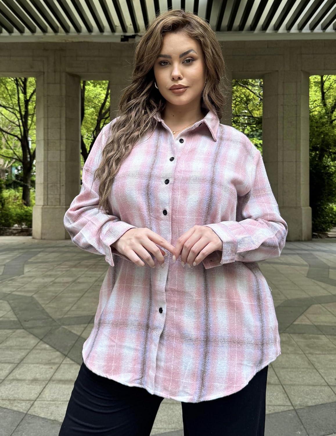 imageZeagoo Womens Plus Size Flannel Shirts Plaid Shirts Long Sleeves Casual Button Down Collared Shacket TopsLight Pink
