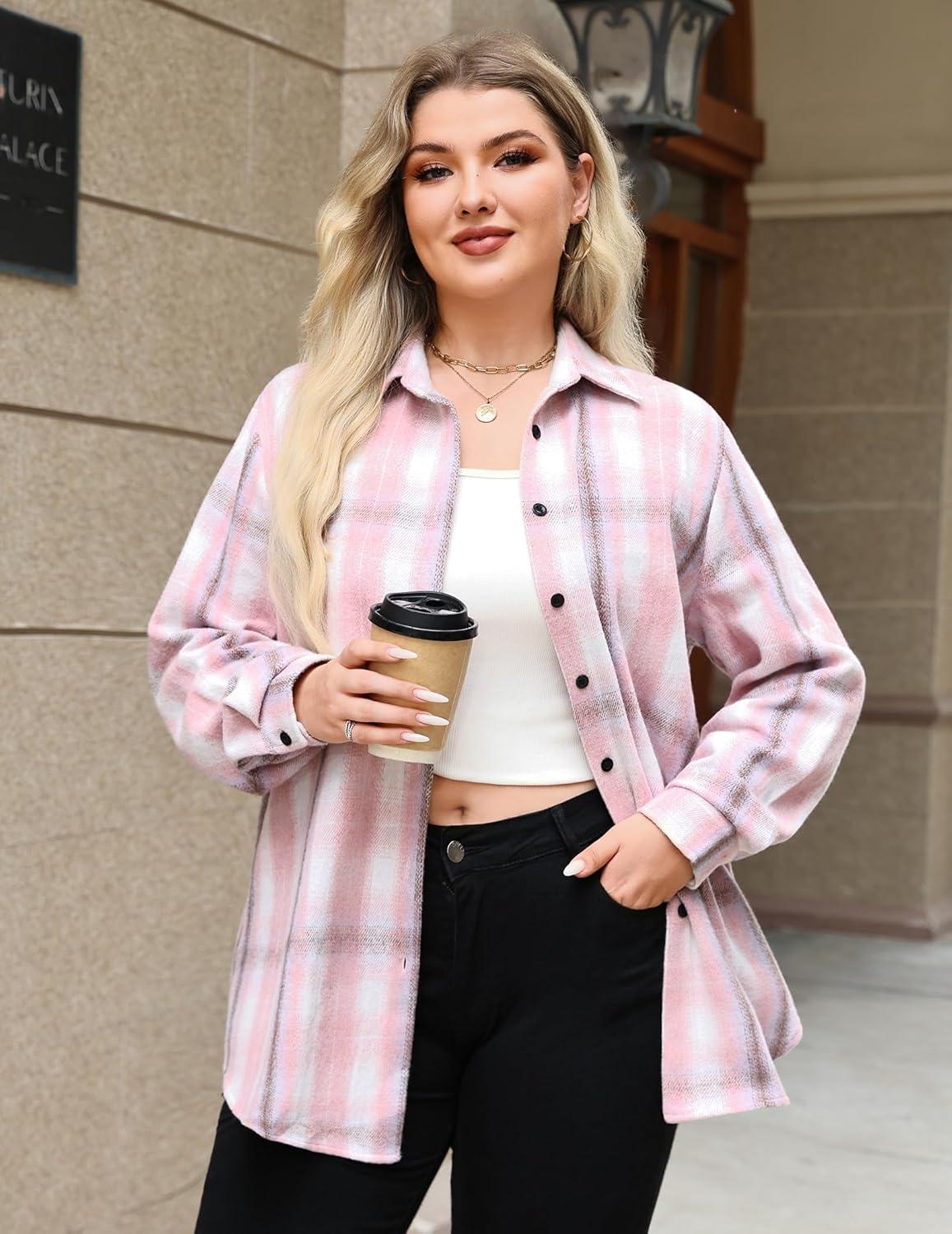 imageZeagoo Womens Plus Size Flannel Shirts Plaid Shirts Long Sleeves Casual Button Down Collared Shacket TopsLight Pink