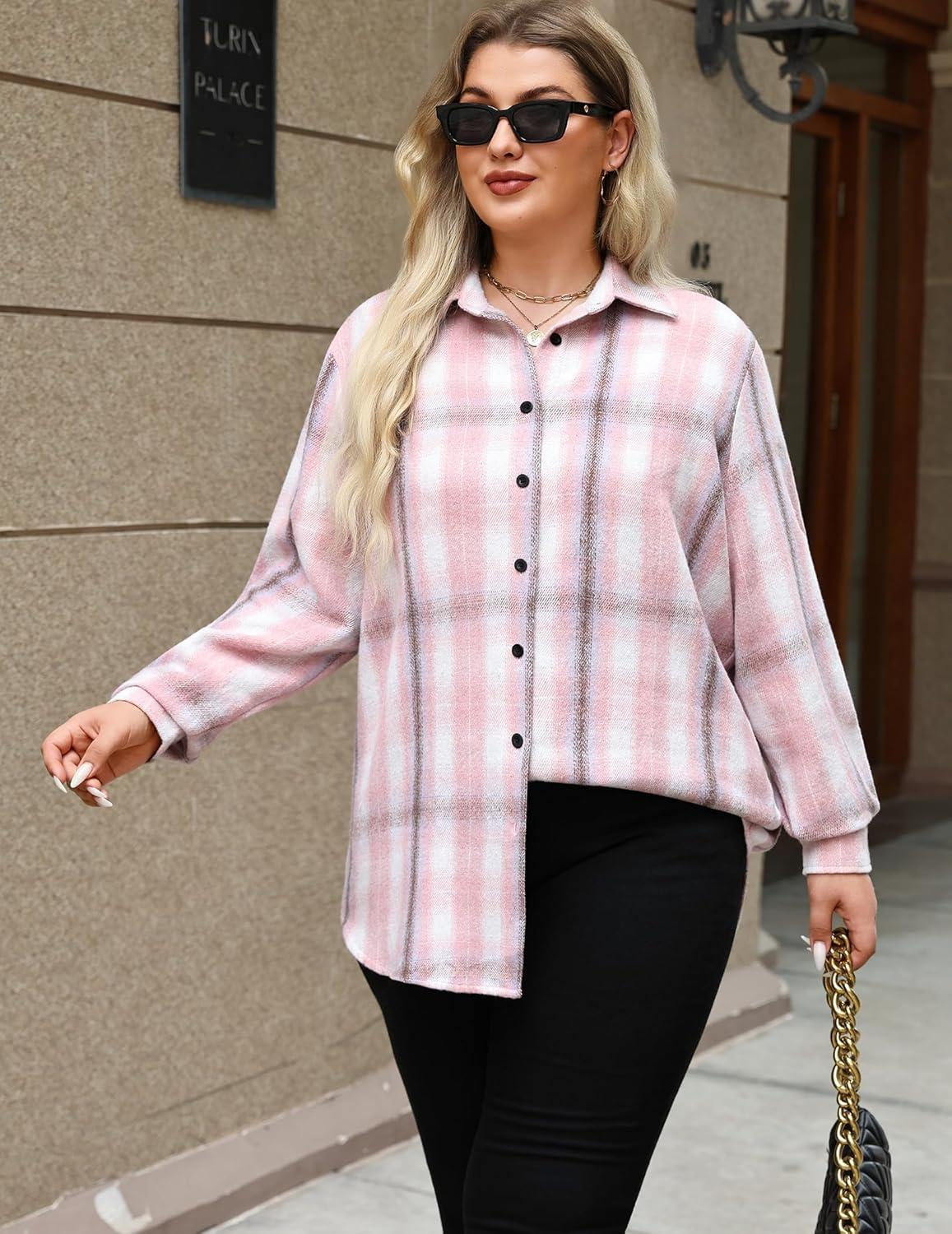 imageZeagoo Womens Plus Size Flannel Shirts Plaid Shirts Long Sleeves Casual Button Down Collared Shacket TopsLight Pink