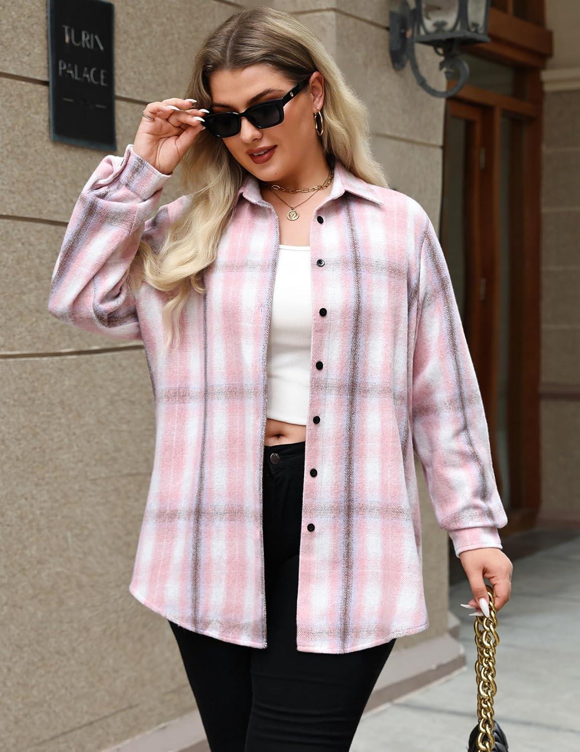 imageZeagoo Womens Plus Size Flannel Shirts Plaid Shirts Long Sleeves Casual Button Down Collared Shacket TopsLight Pink