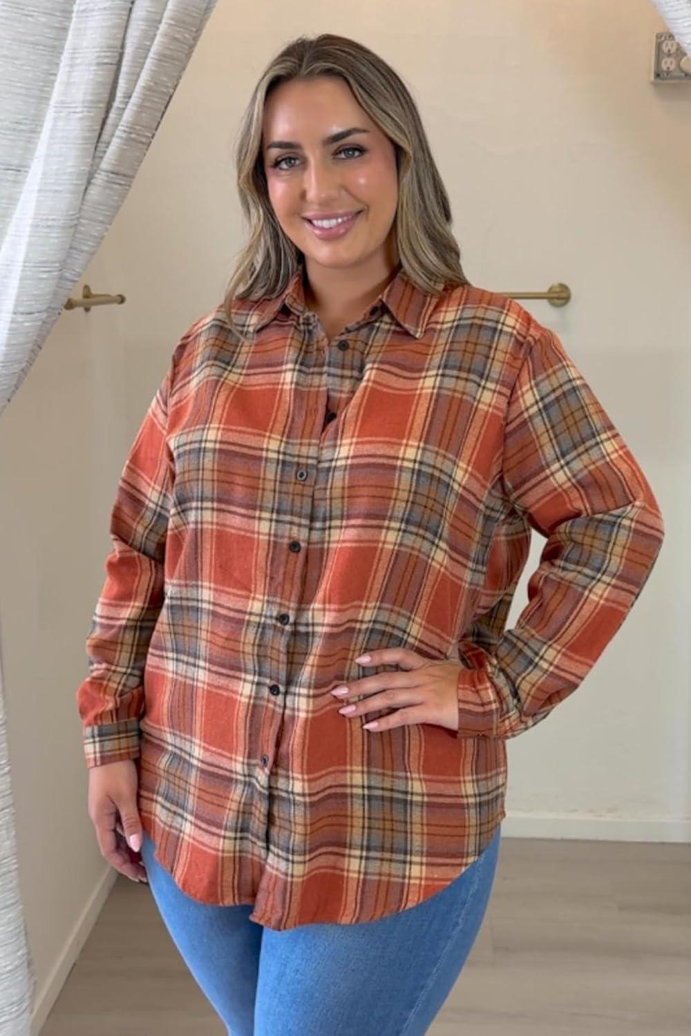 imageZeagoo Womens Plus Size Flannel Shirts Plaid Shirts Long Sleeves Casual Button Down Collared Shacket TopsOrange
