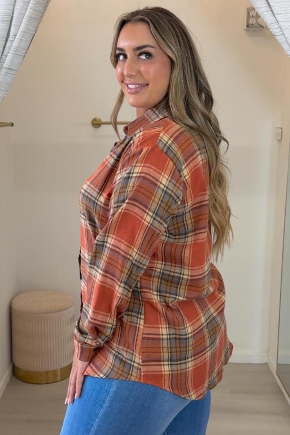 imageZeagoo Womens Plus Size Flannel Shirts Plaid Shirts Long Sleeves Casual Button Down Collared Shacket TopsOrange