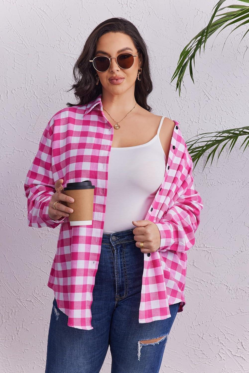 imageZeagoo Womens Plus Size Flannel Shirts Plaid Shirts Long Sleeves Casual Button Down Collared Shacket TopsPink