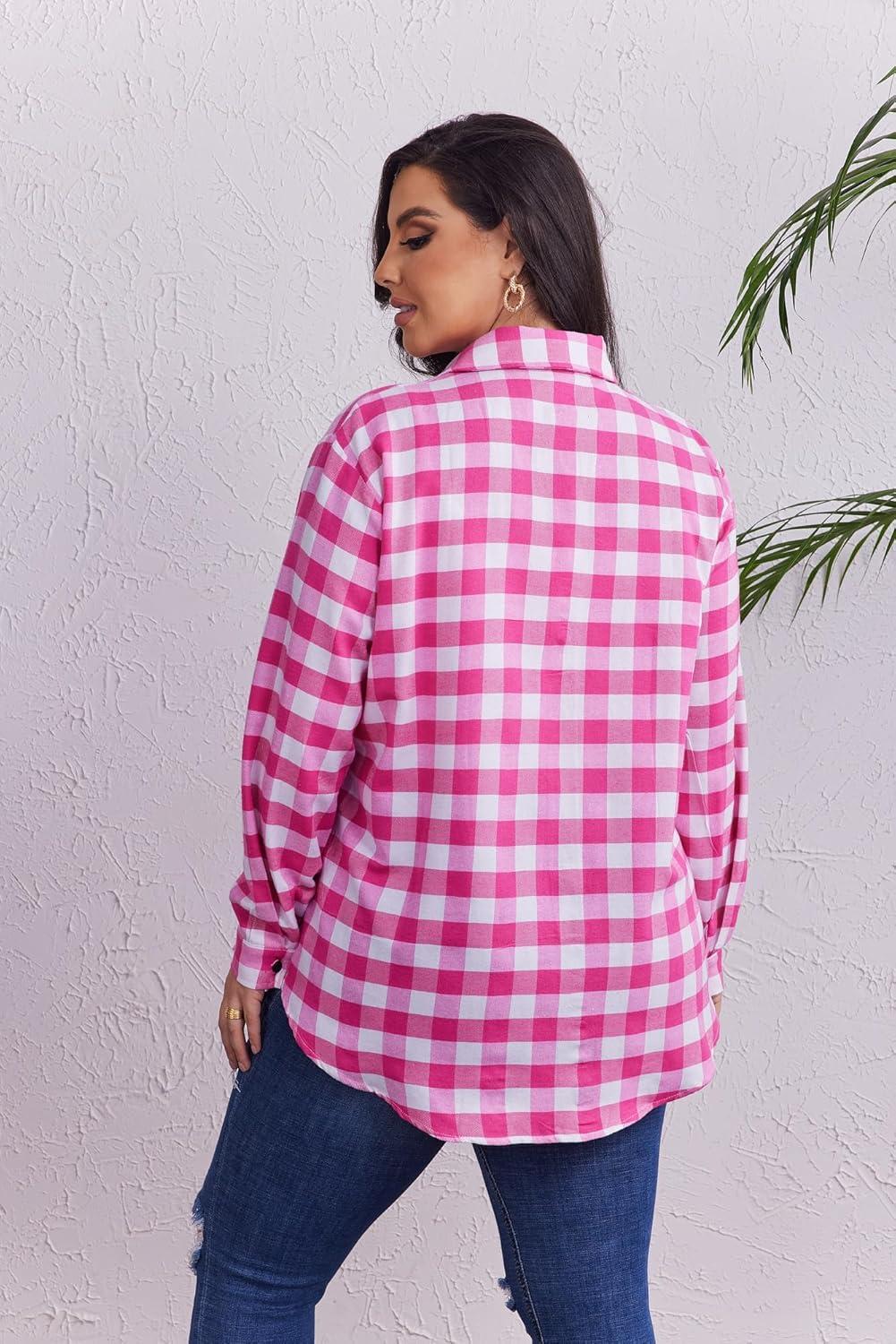 imageZeagoo Womens Plus Size Flannel Shirts Plaid Shirts Long Sleeves Casual Button Down Collared Shacket TopsPink