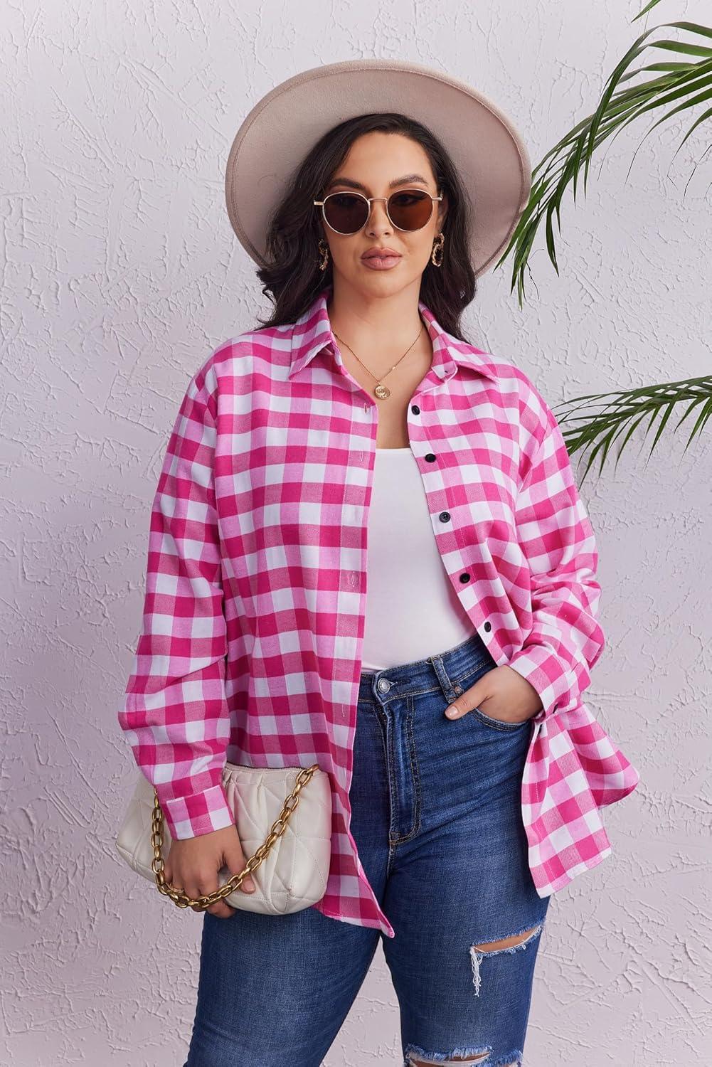 imageZeagoo Womens Plus Size Flannel Shirts Plaid Shirts Long Sleeves Casual Button Down Collared Shacket TopsPink