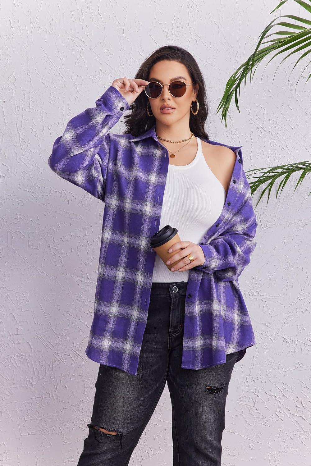 imageZeagoo Womens Plus Size Flannel Shirts Plaid Shirts Long Sleeves Casual Button Down Collared Shacket TopsPurple