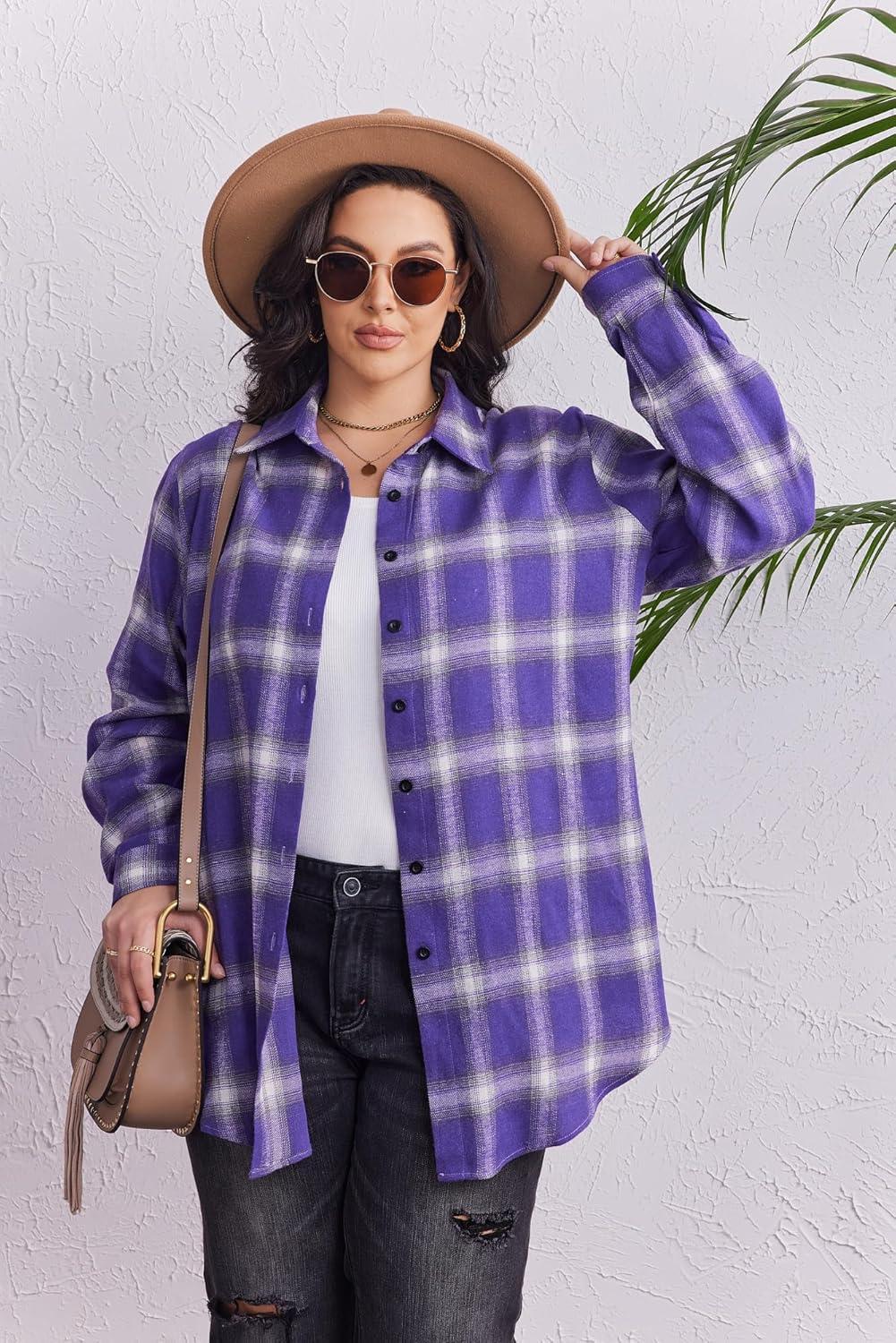 imageZeagoo Womens Plus Size Flannel Shirts Plaid Shirts Long Sleeves Casual Button Down Collared Shacket TopsPurple