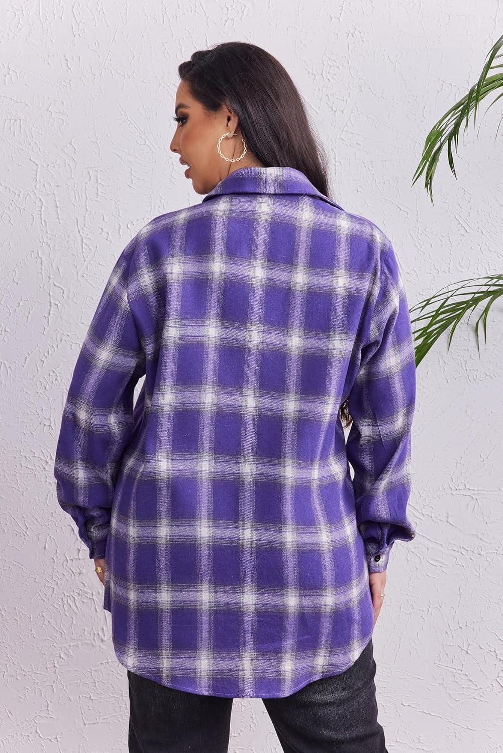 imageZeagoo Womens Plus Size Flannel Shirts Plaid Shirts Long Sleeves Casual Button Down Collared Shacket TopsPurple