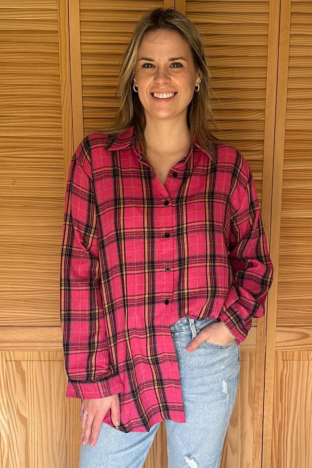 imageZeagoo Womens Plus Size Flannel Shirts Plaid Shirts Long Sleeves Casual Button Down Collared Shacket TopsRose Pink