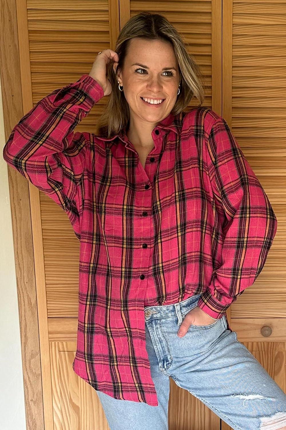 imageZeagoo Womens Plus Size Flannel Shirts Plaid Shirts Long Sleeves Casual Button Down Collared Shacket TopsRose Pink