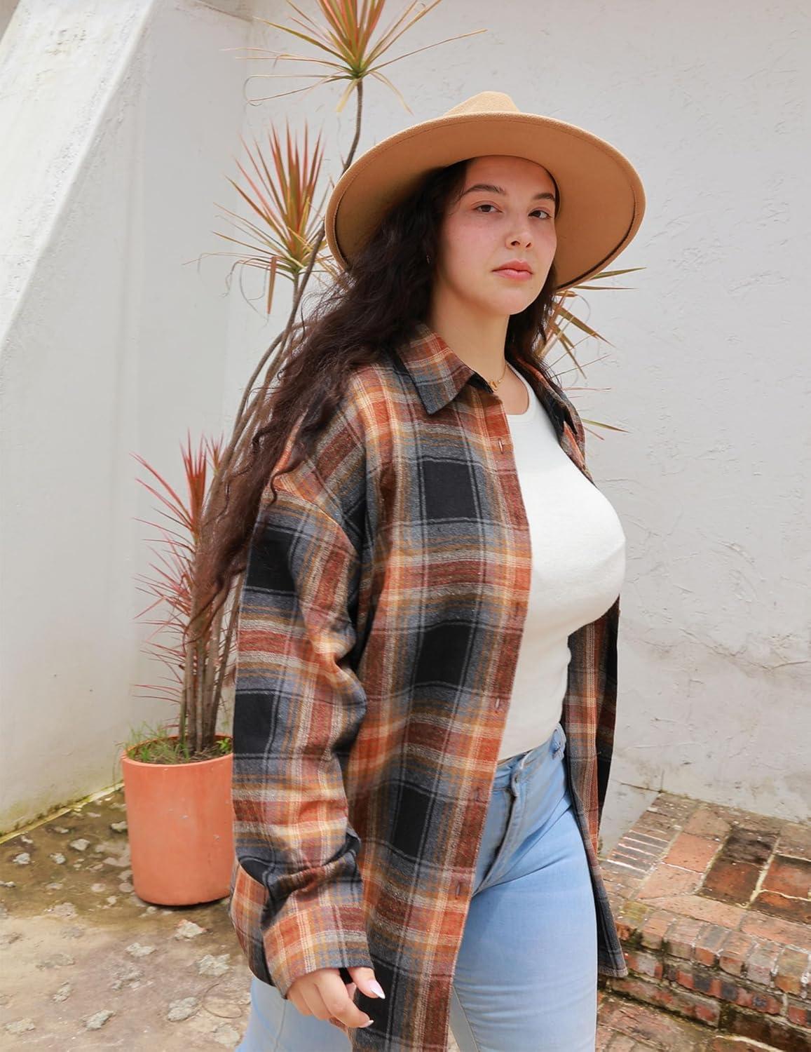 imageZeagoo Womens Plus Size Flannel Shirts Plaid Shirts Long Sleeves Casual Button Down Collared Shacket TopsSandy Brown