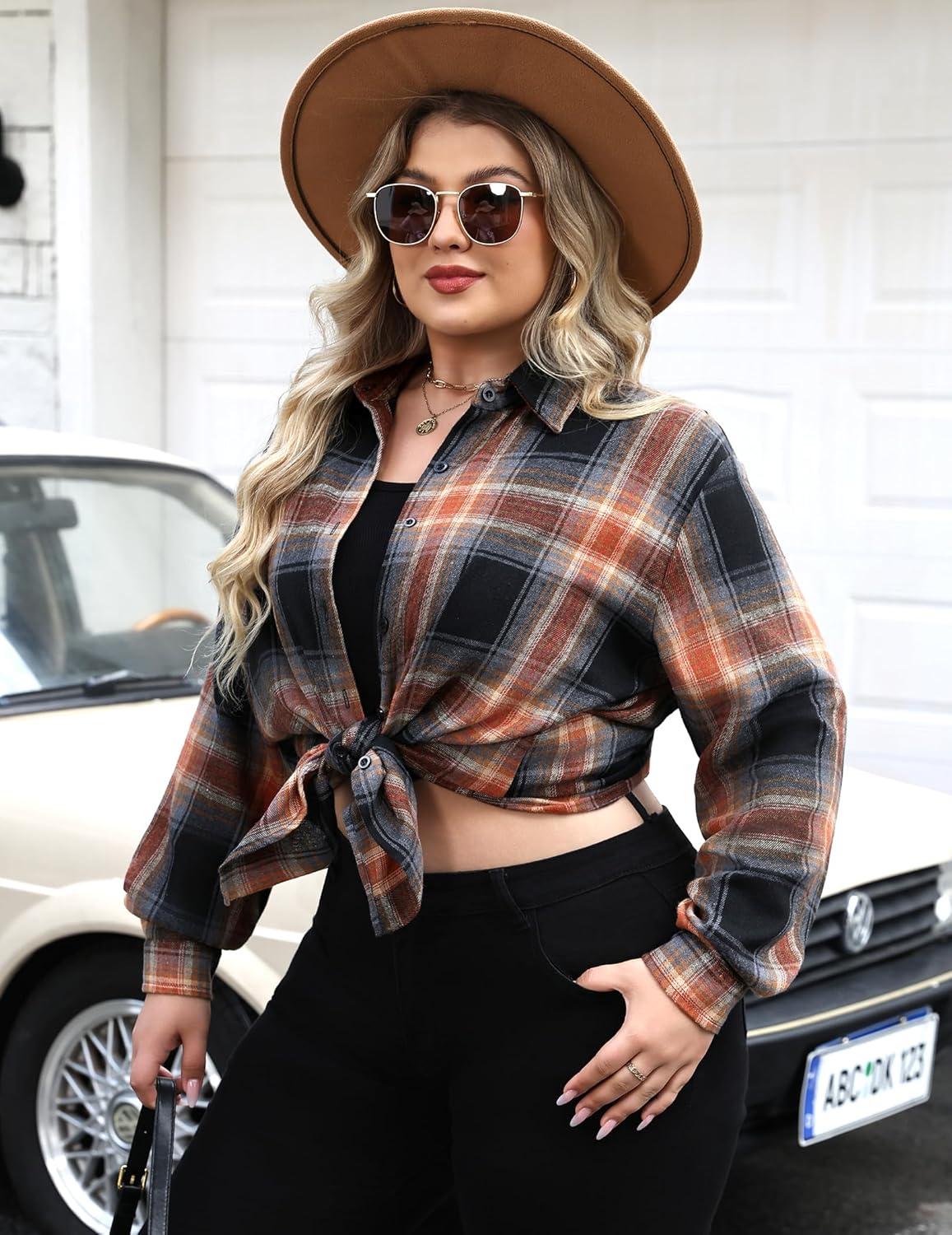 imageZeagoo Womens Plus Size Flannel Shirts Plaid Shirts Long Sleeves Casual Button Down Collared Shacket TopsSandy Brown