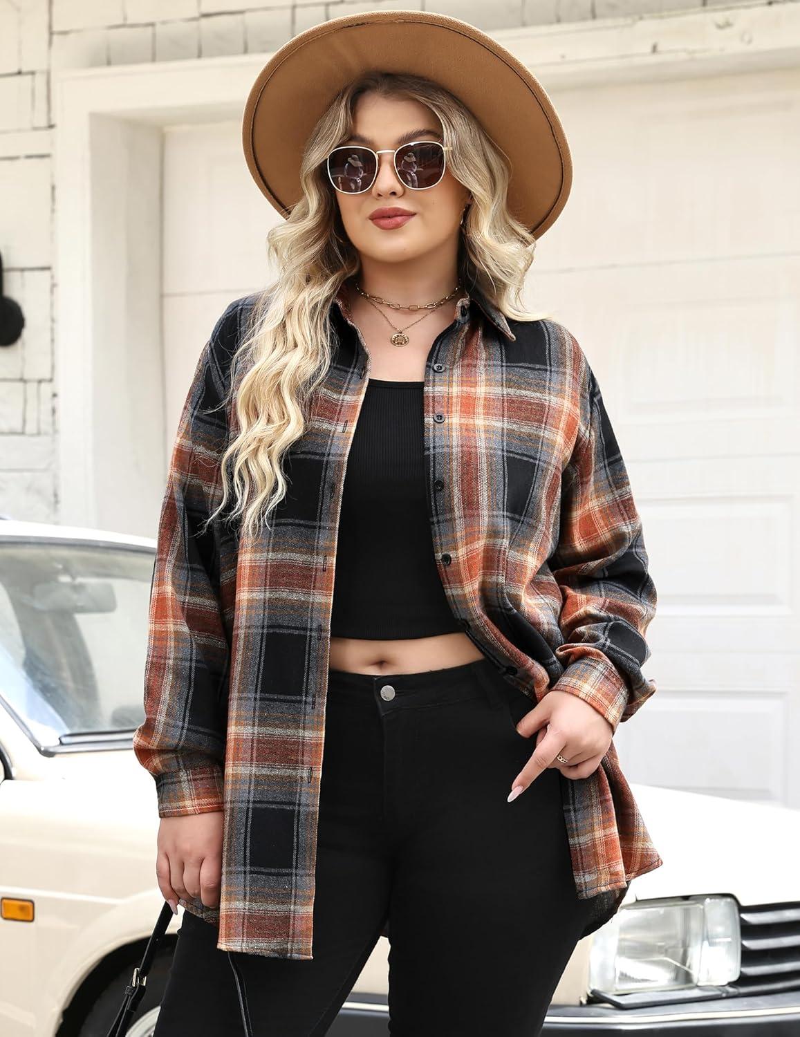imageZeagoo Womens Plus Size Flannel Shirts Plaid Shirts Long Sleeves Casual Button Down Collared Shacket TopsSandy Brown