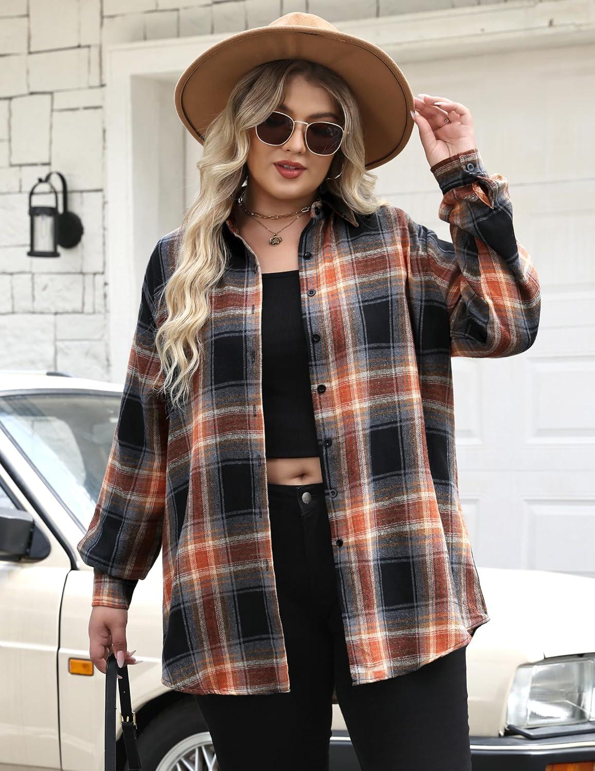 imageZeagoo Womens Plus Size Flannel Shirts Plaid Shirts Long Sleeves Casual Button Down Collared Shacket TopsSandy Brown