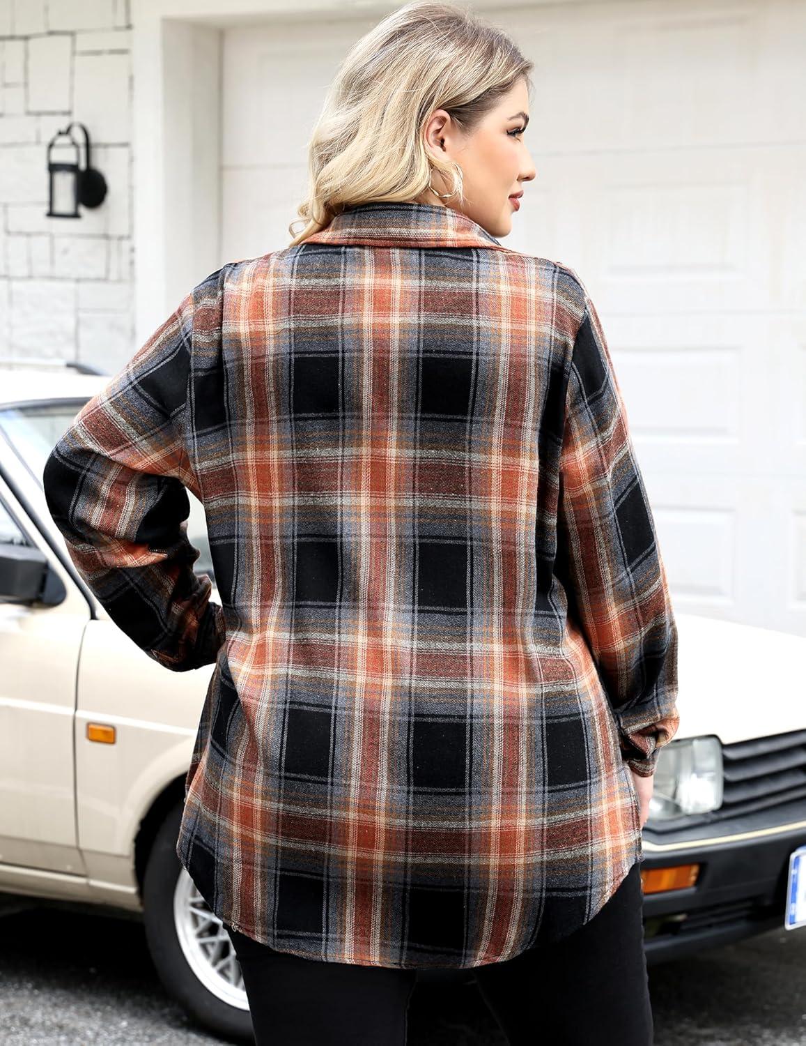 imageZeagoo Womens Plus Size Flannel Shirts Plaid Shirts Long Sleeves Casual Button Down Collared Shacket TopsSandy Brown