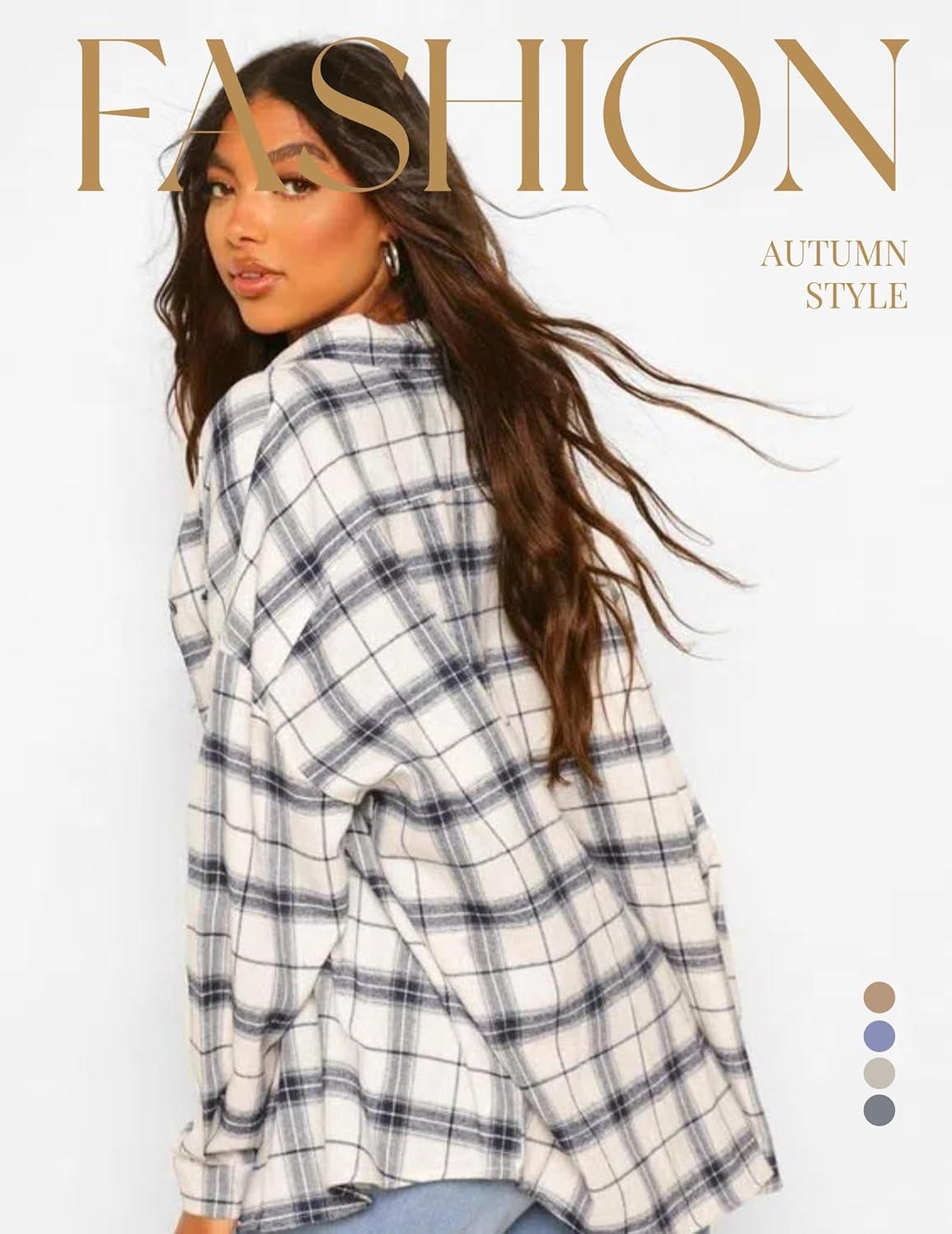 imageZeagoo Womens Plus Size Flannel Shirts Plaid Shirts Long Sleeves Casual Button Down Collared Shacket TopsWhite
