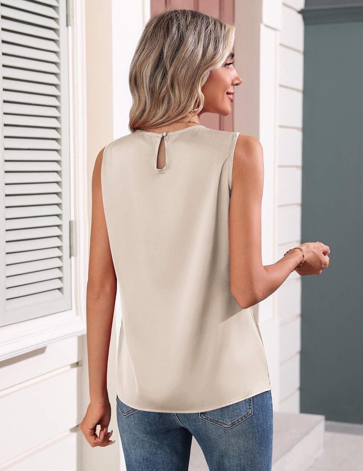 imageZeagoo Womens Silk Satin Tank Tops Crew Neck Pleated Camisole Sleeveless Business Work Blouse Dressy Casual Summer ShirtLight Champagne