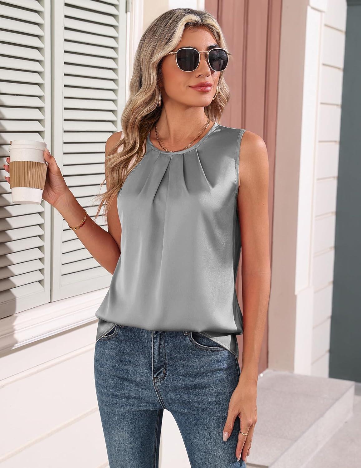 imageZeagoo Womens Silk Satin Tank Tops Crew Neck Pleated Camisole Sleeveless Business Work Blouse Dressy Casual Summer ShirtLight Grey