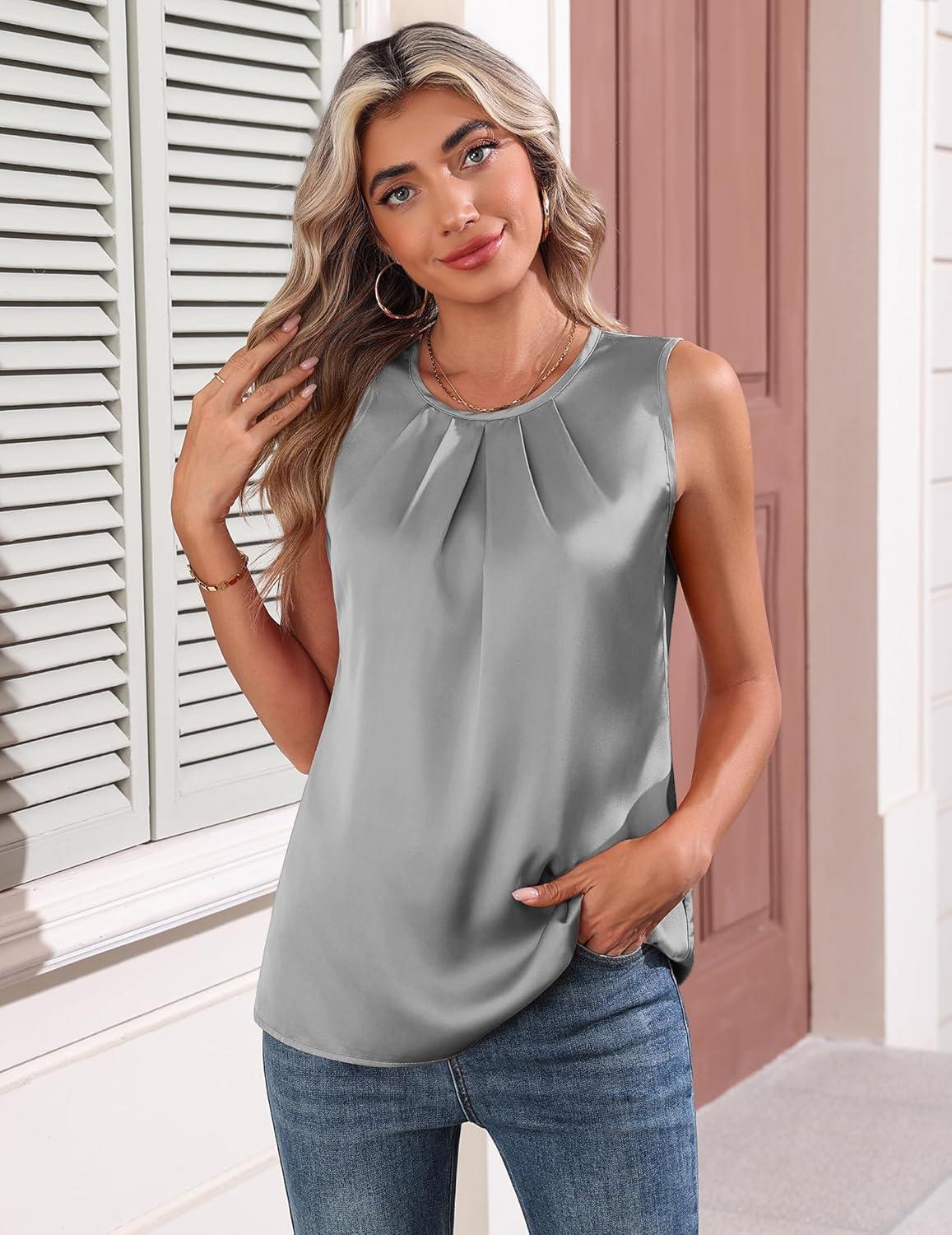 imageZeagoo Womens Silk Satin Tank Tops Crew Neck Pleated Camisole Sleeveless Business Work Blouse Dressy Casual Summer ShirtLight Grey