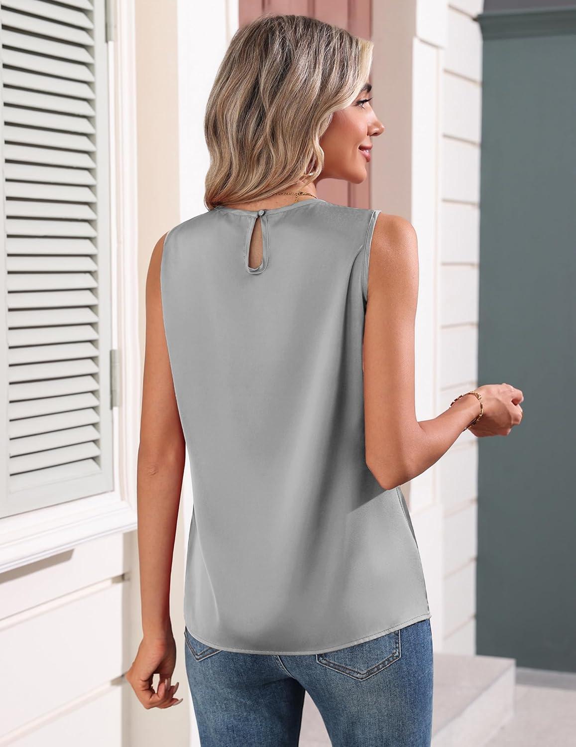 imageZeagoo Womens Silk Satin Tank Tops Crew Neck Pleated Camisole Sleeveless Business Work Blouse Dressy Casual Summer ShirtLight Grey