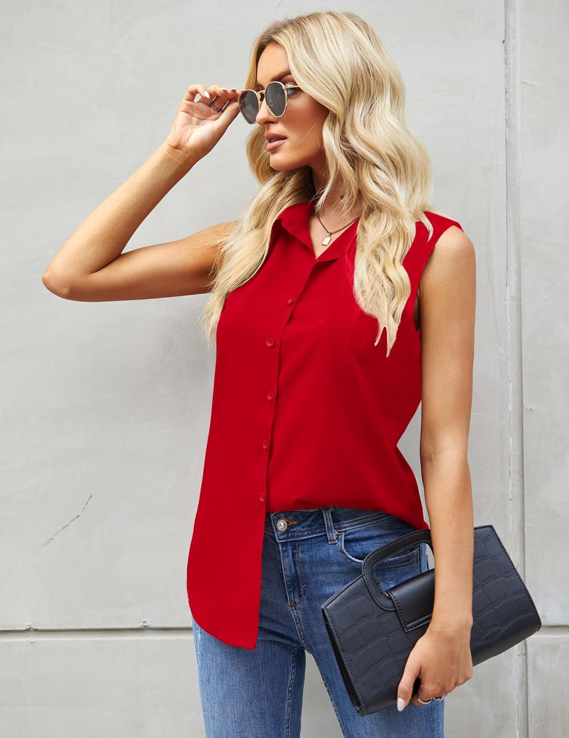 imageZeagoo Womens Sleeveless Button Down Shirts Blouses Casual Loose V Neck Tank Tops for Work SXXLRed2