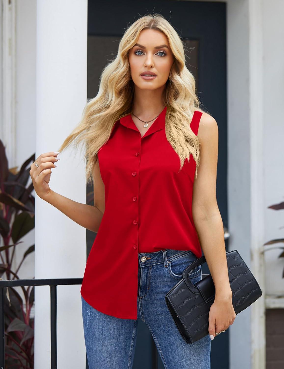 imageZeagoo Womens Sleeveless Button Down Shirts Blouses Casual Loose V Neck Tank Tops for Work SXXLRed2