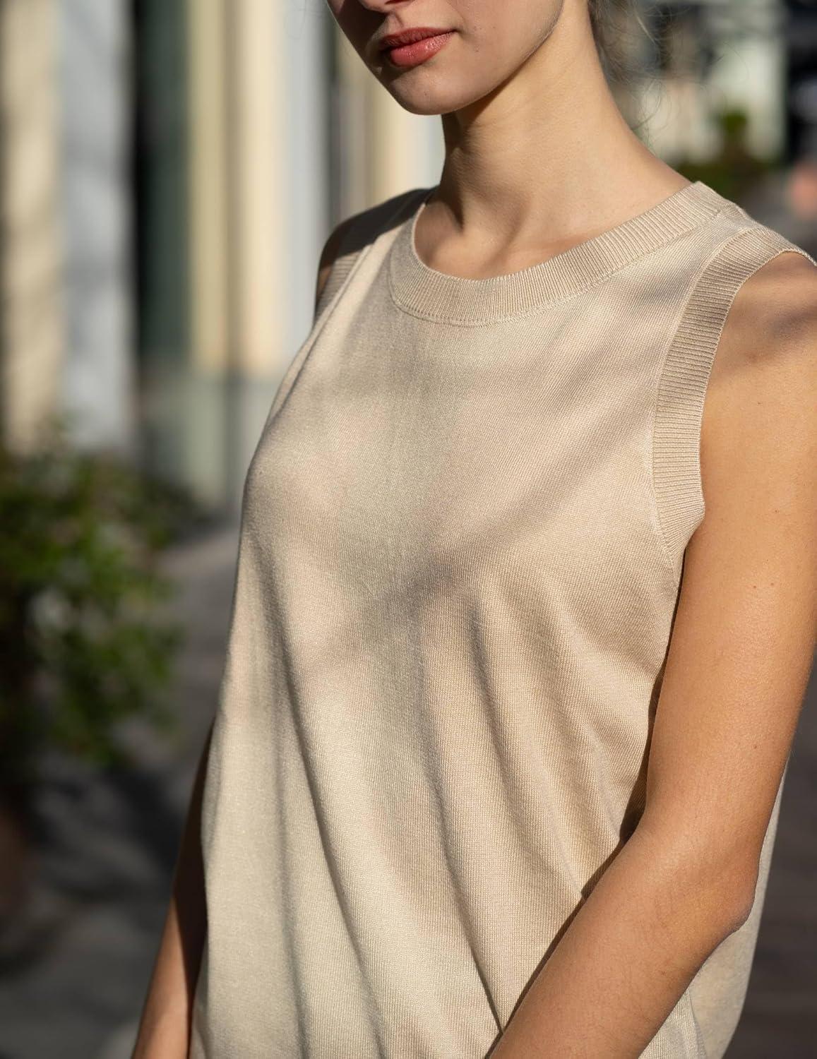 imageZeagoo Womens Sleeveless Tank Tops 2026 Summer Crew Neck Ribbed Knit Sweater Top Business Casual Work ShirtsBeige