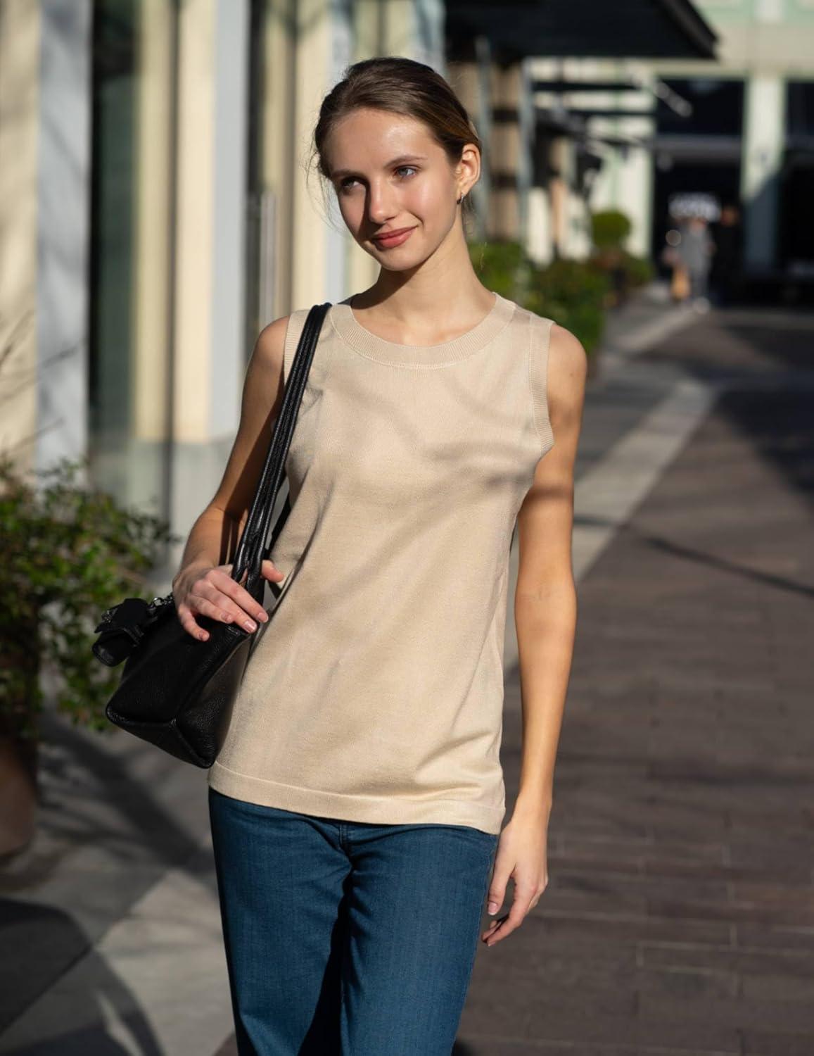 imageZeagoo Womens Sleeveless Tank Tops 2026 Summer Crew Neck Ribbed Knit Sweater Top Business Casual Work ShirtsBeige