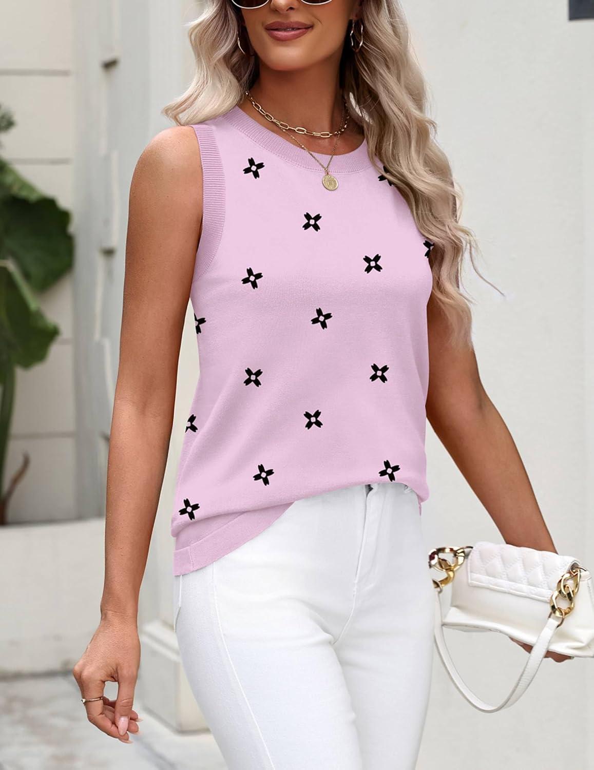 imageZeagoo Womens Sleeveless Tank Tops 2026 Summer Crew Neck Ribbed Knit Sweater Top Business Casual Work ShirtsFlower Pink