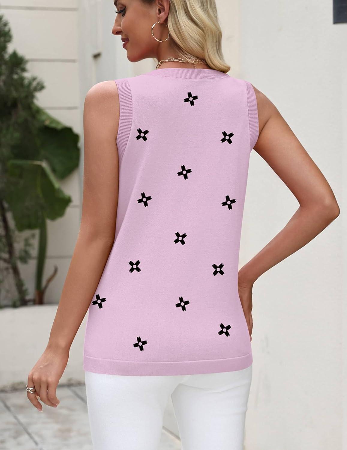 imageZeagoo Womens Sleeveless Tank Tops 2026 Summer Crew Neck Ribbed Knit Sweater Top Business Casual Work ShirtsFlower Pink