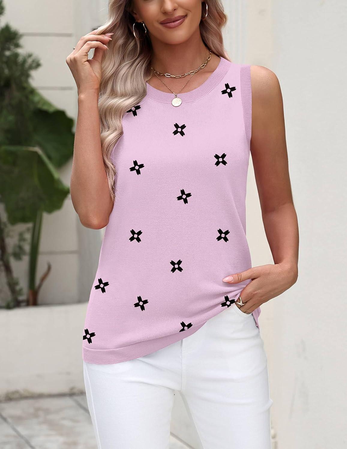 imageZeagoo Womens Sleeveless Tank Tops 2026 Summer Crew Neck Ribbed Knit Sweater Top Business Casual Work ShirtsFlower Pink