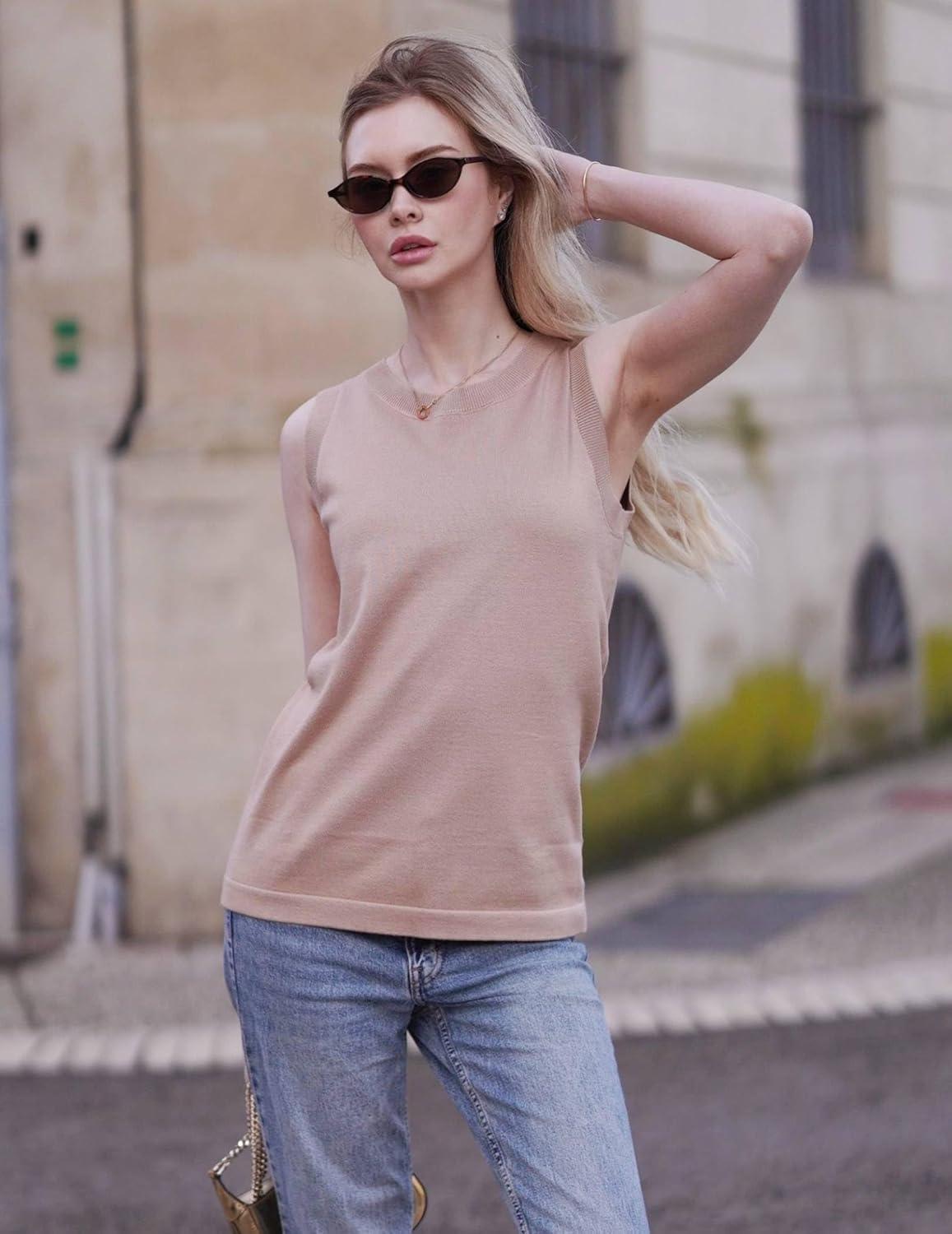 imageZeagoo Womens Sleeveless Tank Tops 2026 Summer Crew Neck Ribbed Knit Sweater Top Business Casual Work ShirtsKhaki