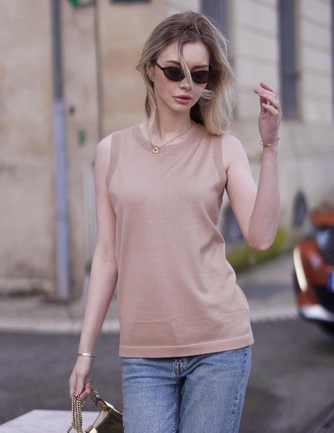 imageZeagoo Womens Sleeveless Tank Tops 2026 Summer Crew Neck Ribbed Knit Sweater Top Business Casual Work ShirtsKhaki