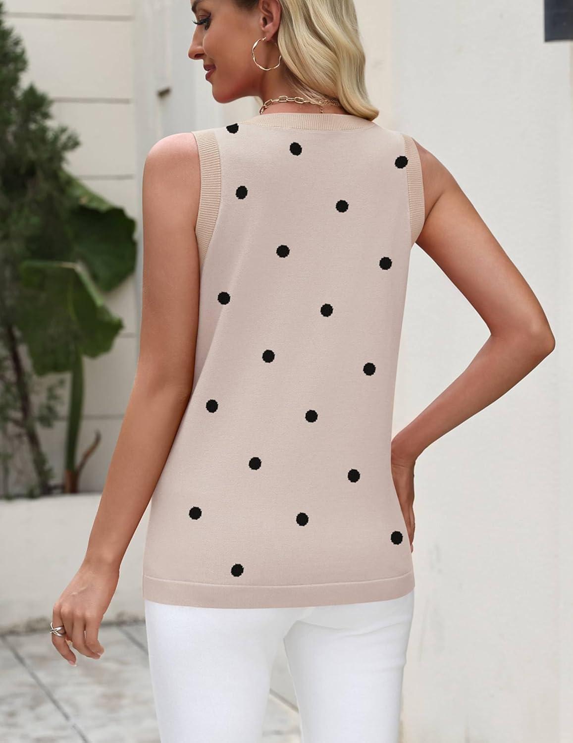 imageZeagoo Womens Sleeveless Tank Tops 2026 Summer Crew Neck Ribbed Knit Sweater Top Business Casual Work ShirtsPolka Dotkhaki
