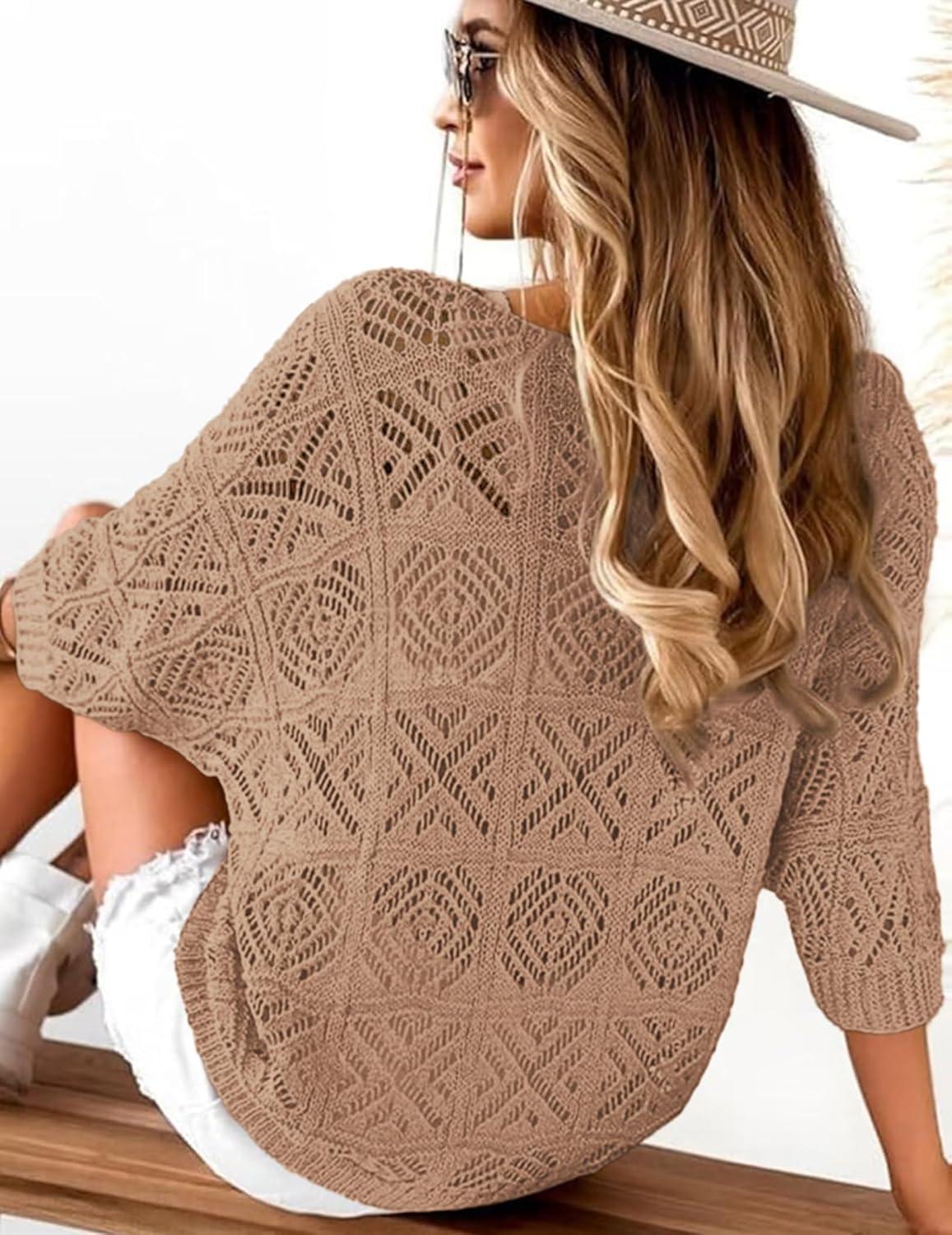 imageZeagoo Womens Summer Crochet Off the Shoulder Hollow Out Knit Tops 2026 V Neck 34 Sleeve Sweater TopCamel
