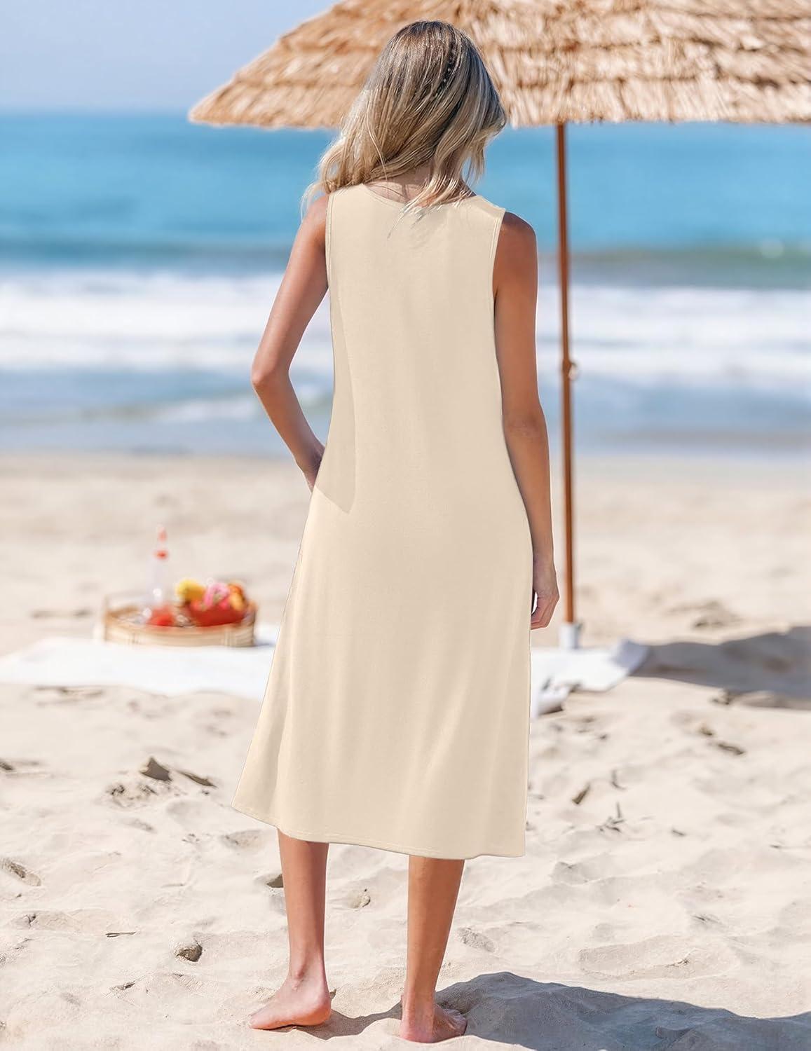 imageZeagoo Womens Summer Midi Dresses 2026 Casual Sleeveless Tank Sundresses A Line Crewneck Beach Vacation Dress with PocketsBeigewa