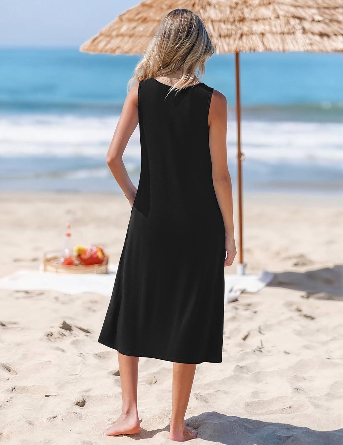 imageZeagoo Womens Summer Midi Dresses 2026 Casual Sleeveless Tank Sundresses A Line Crewneck Beach Vacation Dress with PocketsBlack