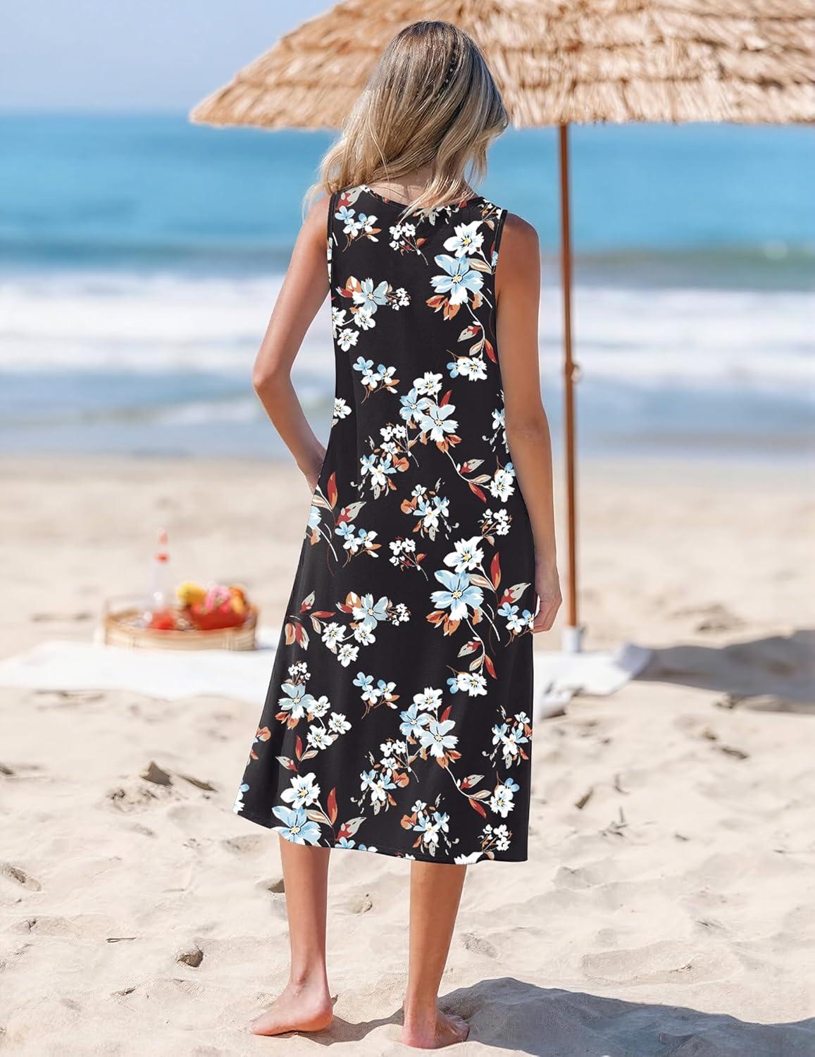 imageZeagoo Womens Summer Midi Dresses 2026 Casual Sleeveless Tank Sundresses A Line Crewneck Beach Vacation Dress with PocketsBlack Floralpa104