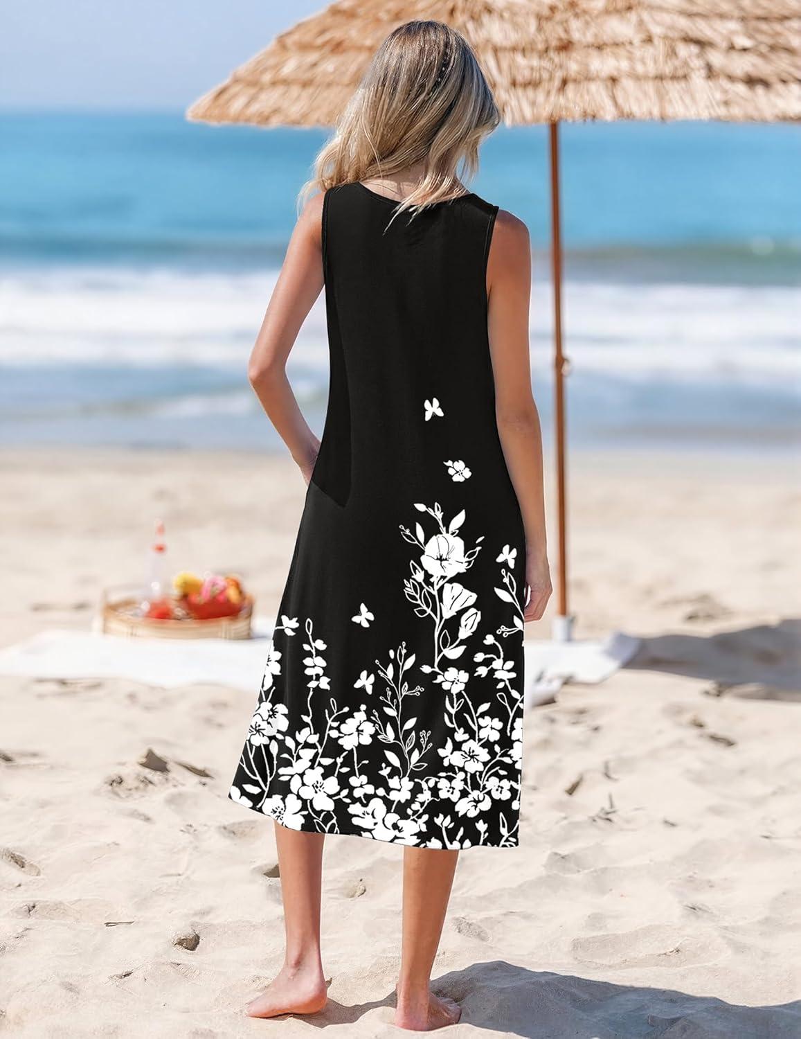 imageZeagoo Womens Summer Midi Dresses 2026 Casual Sleeveless Tank Sundresses A Line Crewneck Beach Vacation Dress with PocketsBlack White Floralsf100