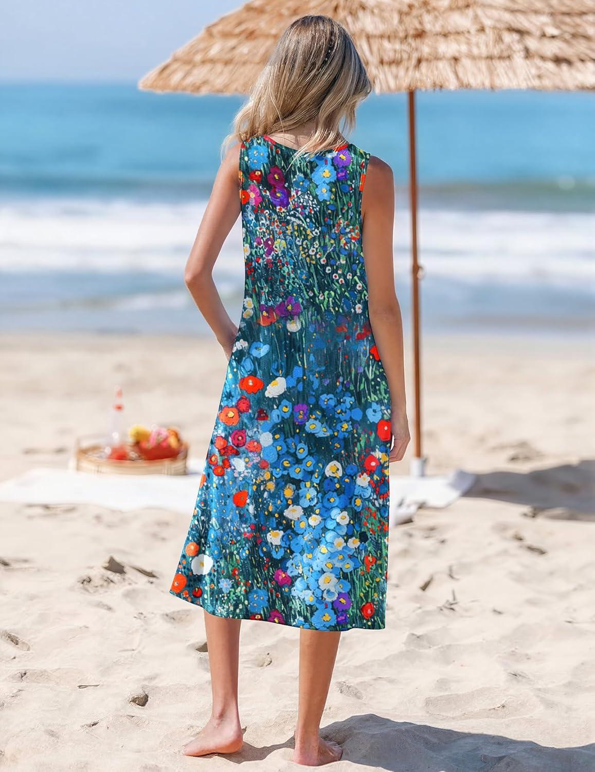 imageZeagoo Womens Summer Midi Dresses 2026 Casual Sleeveless Tank Sundresses A Line Crewneck Beach Vacation Dress with PocketsBlue Floral 02wf23