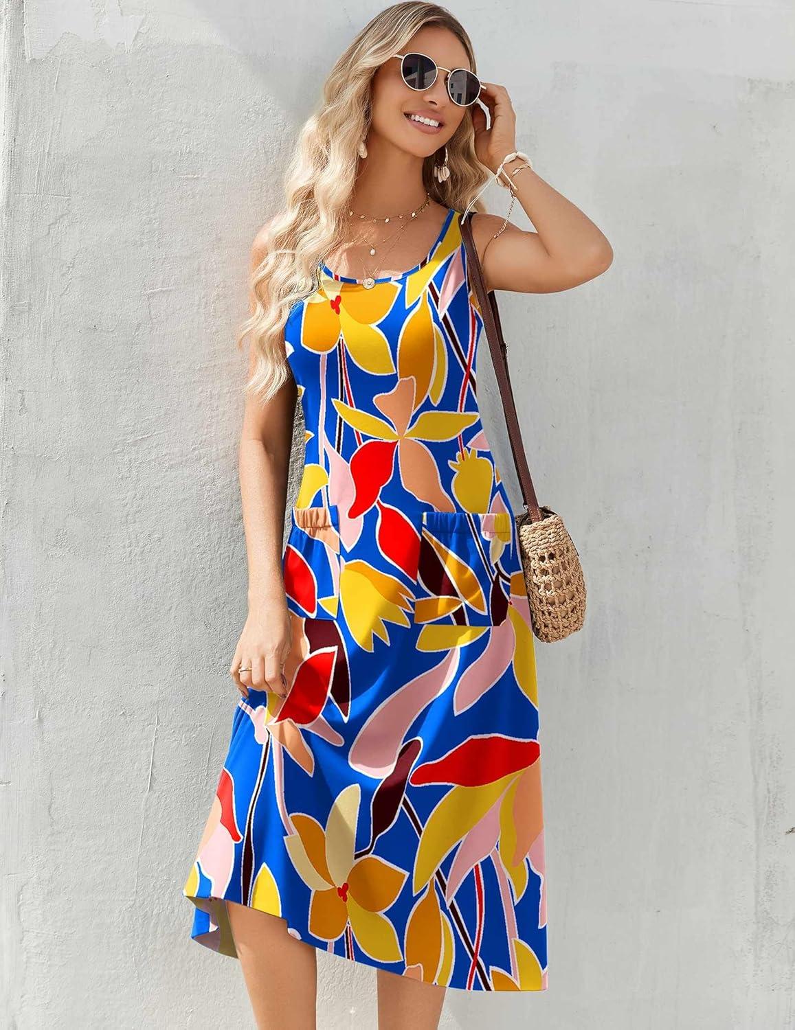 imageZeagoo Womens Summer Midi Dresses 2026 Casual Sleeveless Tank Sundresses A Line Crewneck Beach Vacation Dress with PocketsBlue Floral 03dh620