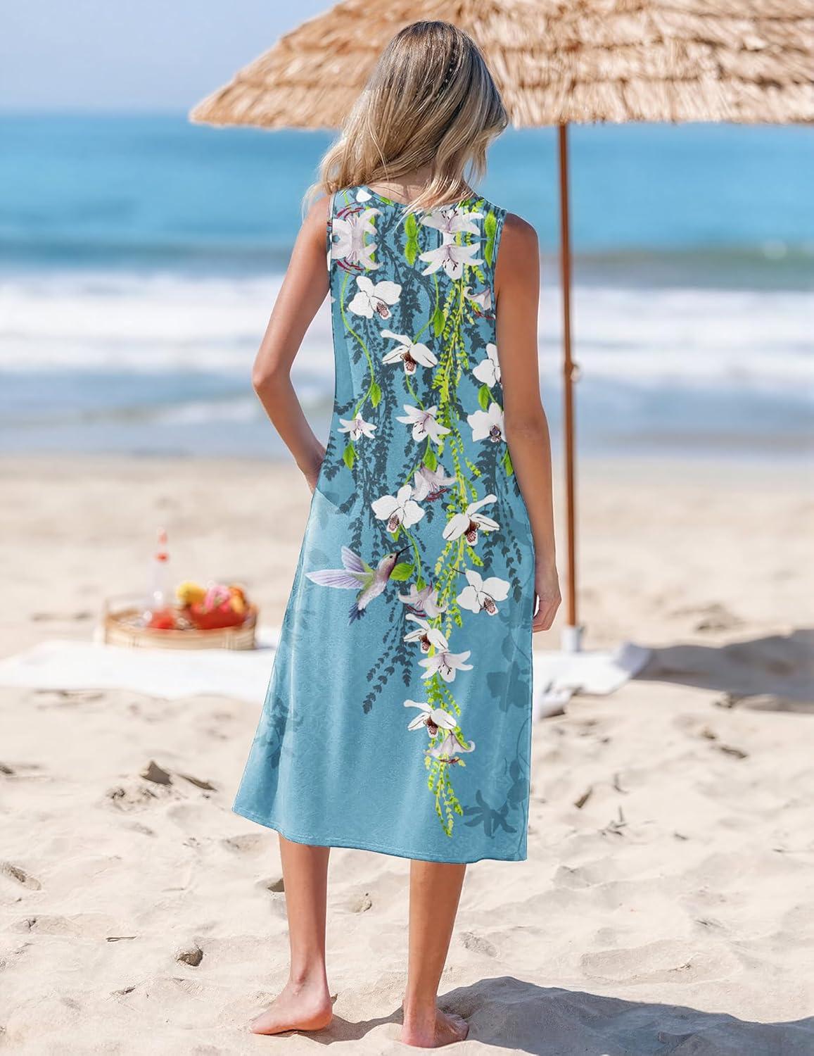 imageZeagoo Womens Summer Midi Dresses 2026 Casual Sleeveless Tank Sundresses A Line Crewneck Beach Vacation Dress with PocketsBlue Floralzw89