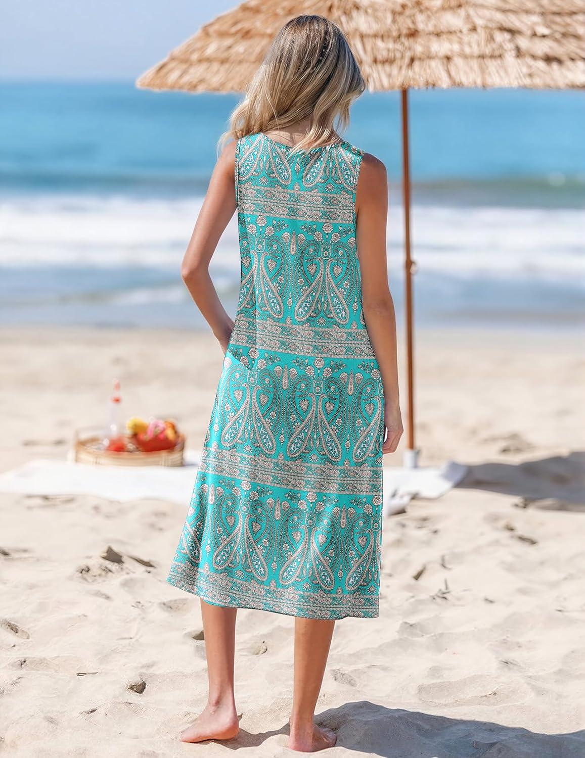 imageZeagoo Womens Summer Midi Dresses 2026 Casual Sleeveless Tank Sundresses A Line Crewneck Beach Vacation Dress with PocketsBlue Patternpa169