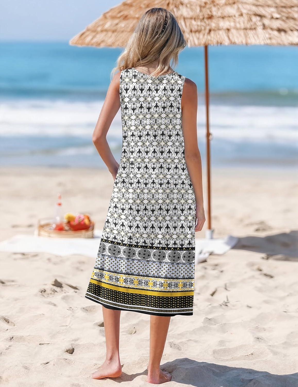 imageZeagoo Womens Summer Midi Dresses 2026 Casual Sleeveless Tank Sundresses A Line Crewneck Beach Vacation Dress with PocketsBohemianpa26