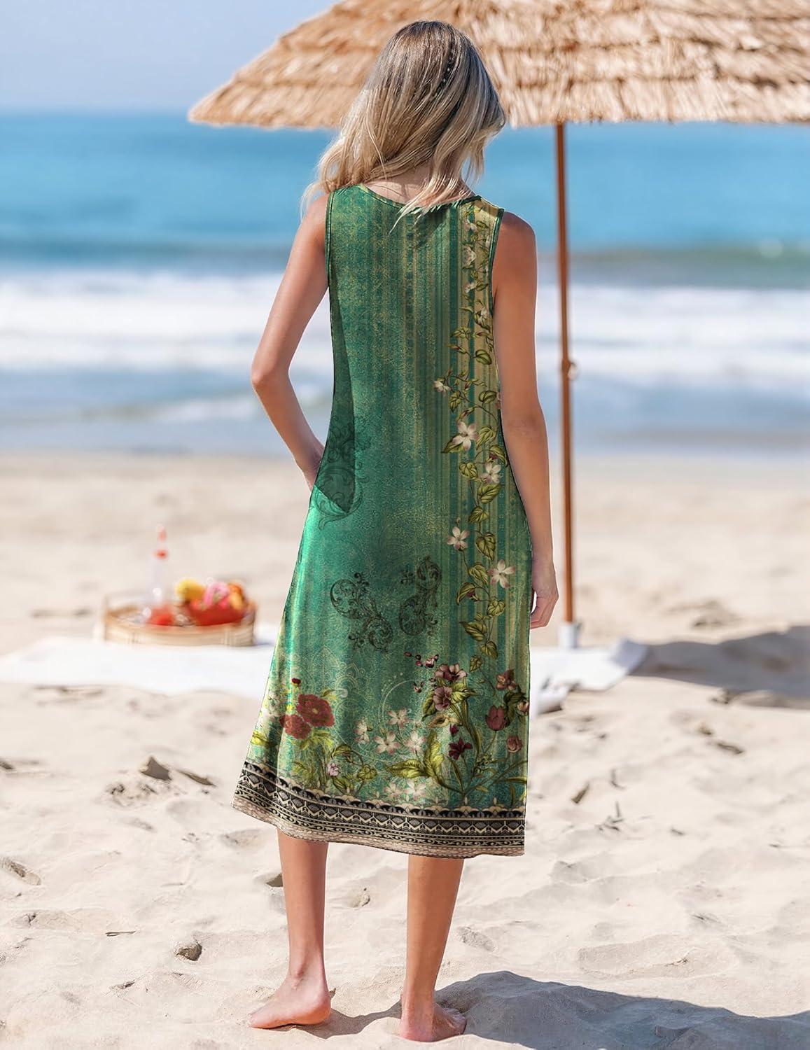 imageZeagoo Womens Summer Midi Dresses 2026 Casual Sleeveless Tank Sundresses A Line Crewneck Beach Vacation Dress with PocketsGreen Floralpa171